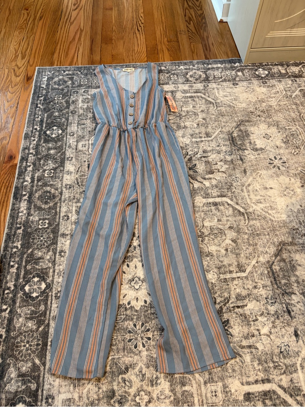 Inspired Hearts Blue & Tan Vertical Stripe Sleeveless Jumpsuit